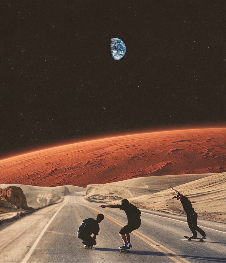 Surreal graphic collage, skateboarders on the horizon