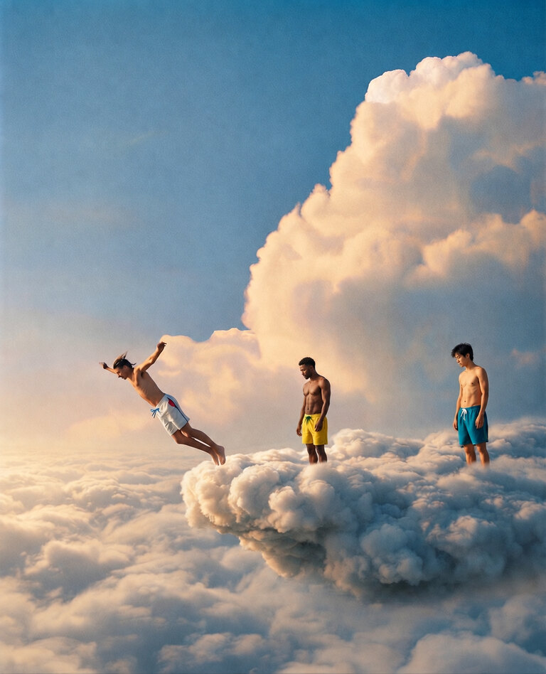 Silhouetted figures on a cloud against blue sky